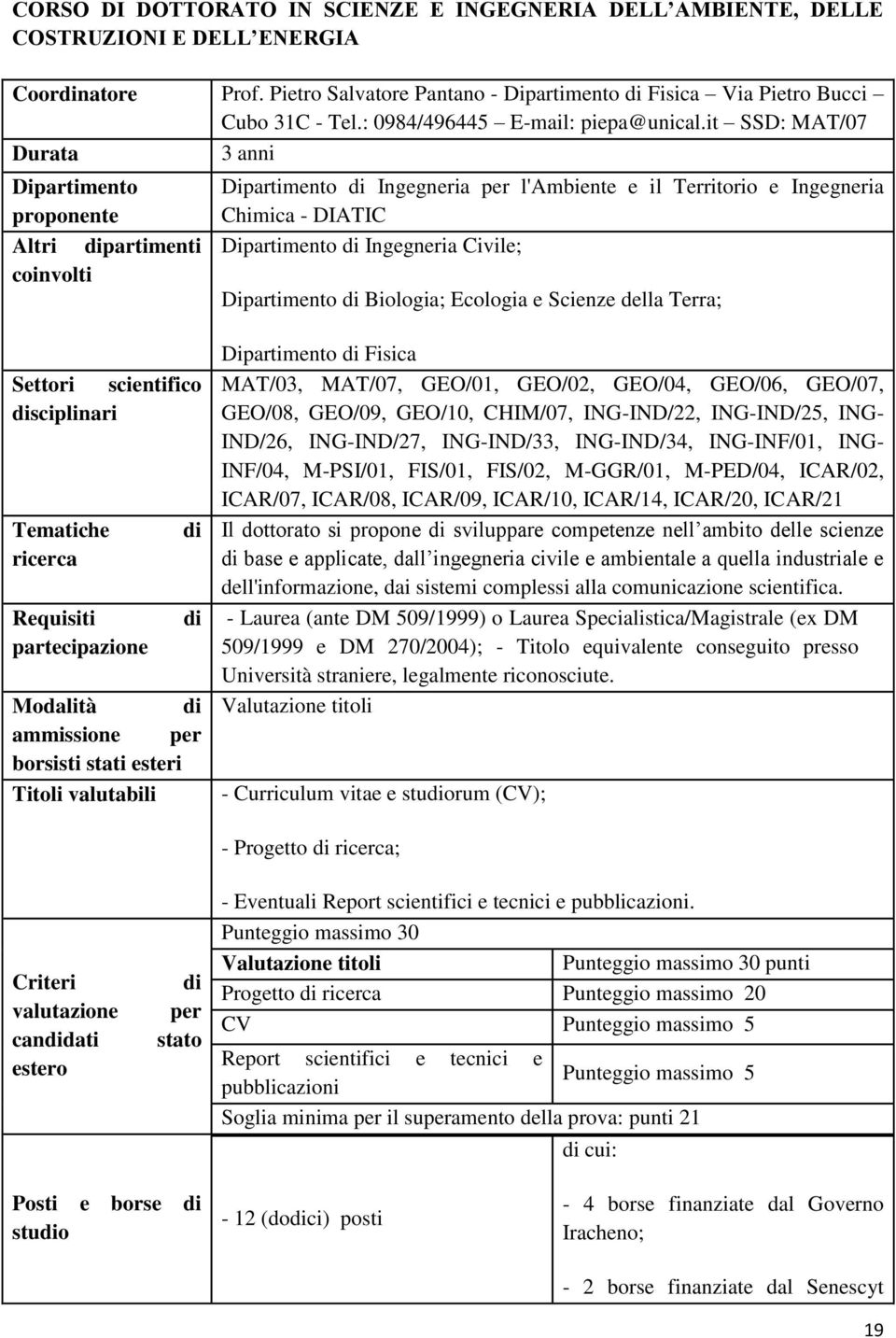 it SSD: MAT/07 Durata 3 anni Dipartimento proponente Altri dipartimenti coinvolti Dipartimento di Ingegneria per l'ambiente e il Territorio e Ingegneria Chimica - DIATIC Dipartimento di Ingegneria