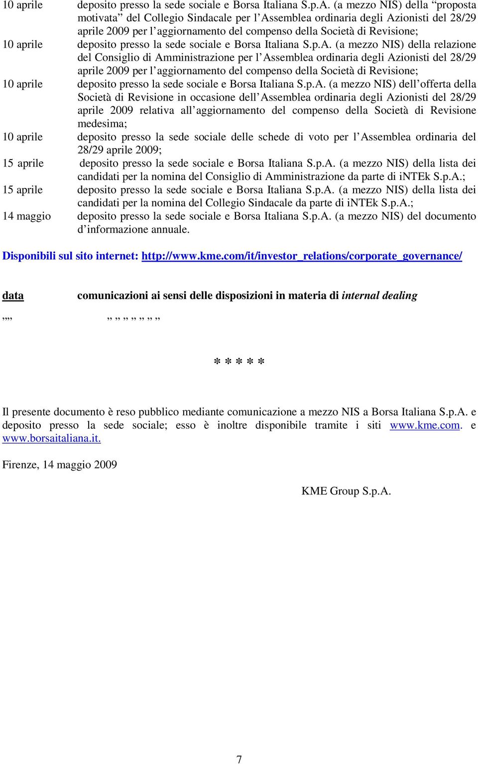 NIS) della relazione del Consiglio di Amministrazione per l Assemblea ordinaria degli Azionisti del 28/29 aprile 2009 per l aggiornamento del compenso della Società di Revisione;  (a mezzo NIS) dell