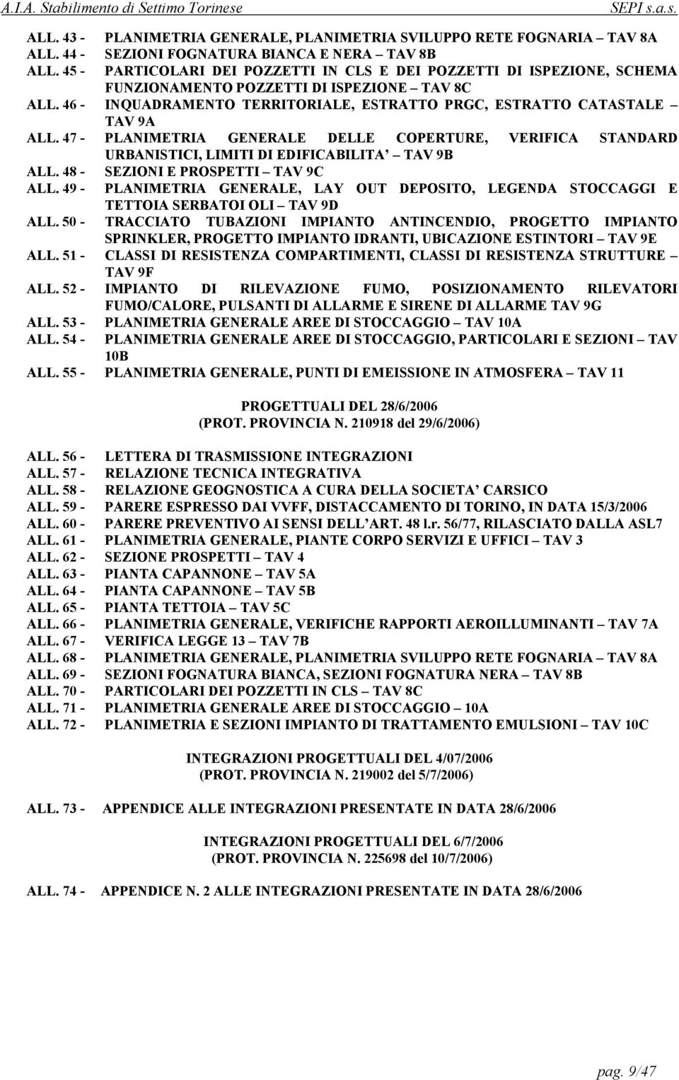 DI ISPEZIONE TAV 8C ALL. 46 - INQUADRAMENTO TERRITORIALE, ESTRATTO PRGC, ESTRATTO CATASTALE TAV 9A ALL.