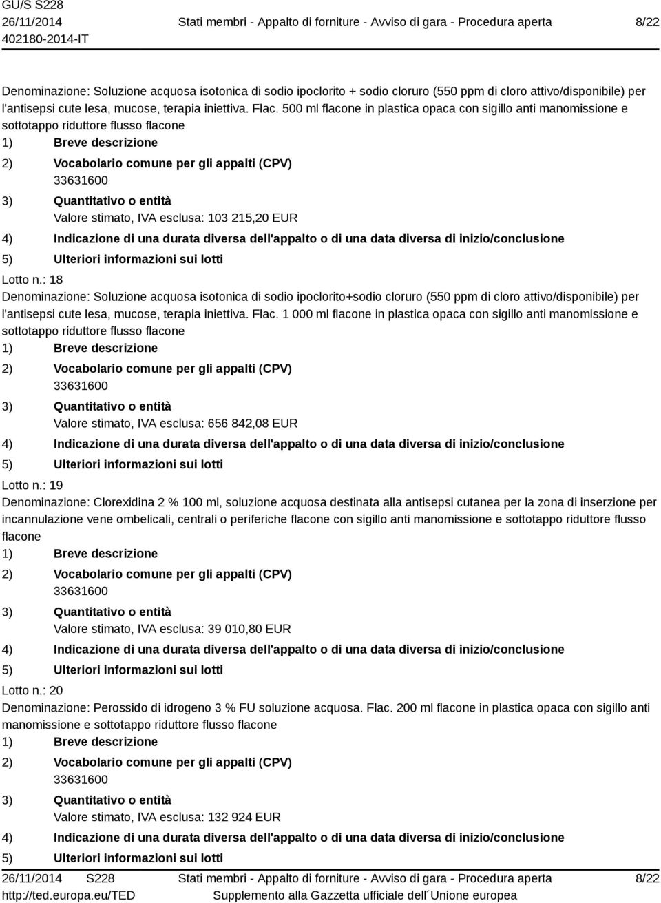 : 18 Denominazione: Soluzione acquosa isotonica di sodio ipoclorito+sodio cloruro (550 ppm di cloro attivo/disponibile) per l'antisepsi cute lesa, mucose, terapia iniettiva. Flac.