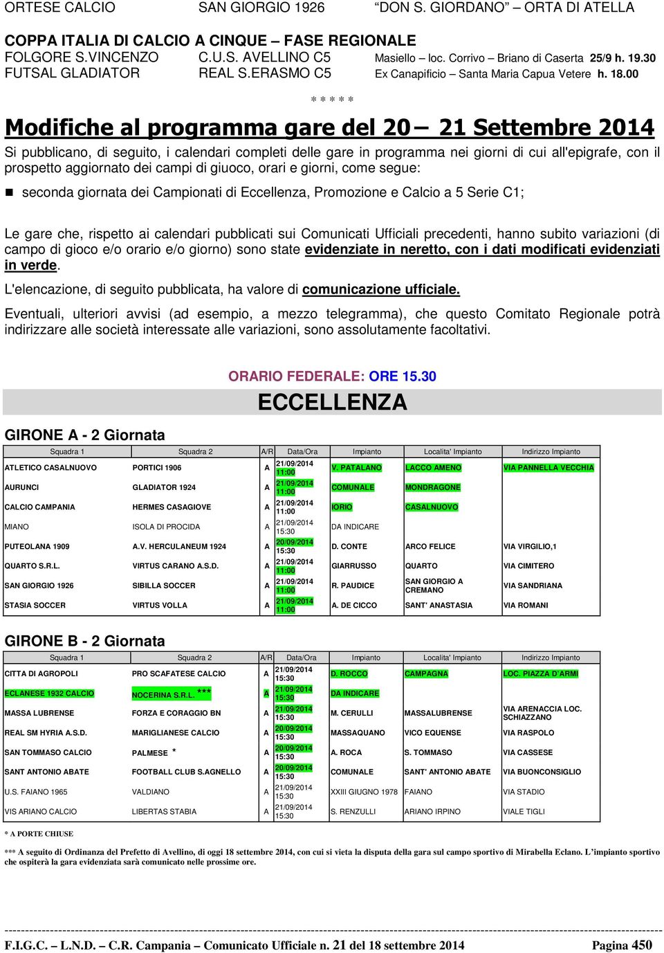 00 Modifiche al programma gare del 20 21 Settembre 2014 Si pubblicano, di seguito, i calendari completi delle gare in programma nei giorni di cui all'epigrafe, con il prospetto aggiornato dei campi