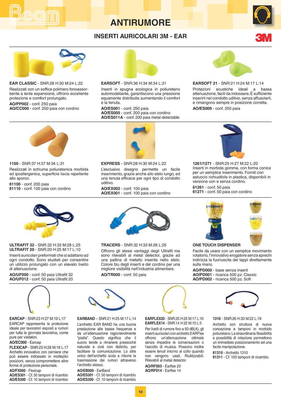 250 paia con cordino EARSOFT - SNR:36 H:34 M:34 L:31 Inserti in spugna ecologica in poliuretano automodellante, garantiscono una pressione equamente distribuita aumentando il comfort e la tenuta.