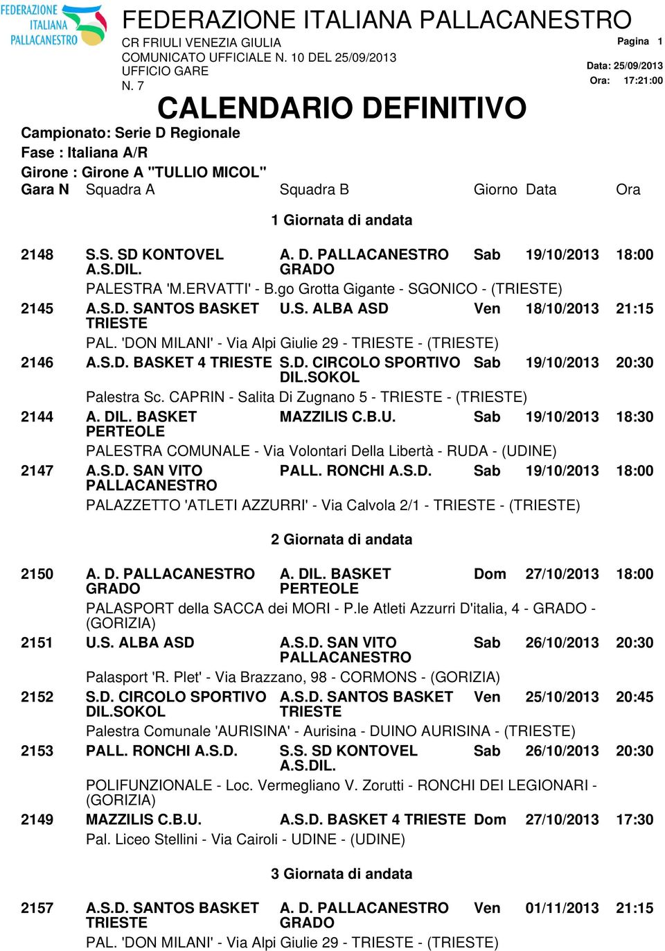 CAPRIN - Salita Di Zugnano 5 - - () 2144 A. DIL. BASKET MAZZILIS C.B.U. Sab 19/10/2013 18:30 2147 A.S.D. SAN VITO PALL. RONCHI A.S.D. Sab 19/10/2013 18:00 PALAZZETTO 'ATLETI AZZURRI' - Via Calvola 2/1 - - () 2 Giornata di andata 2150 A.