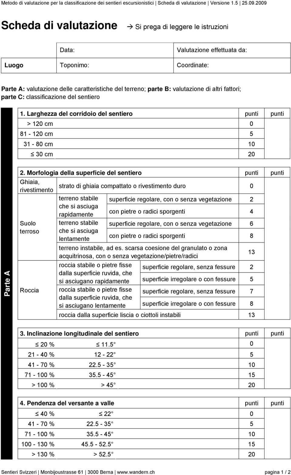 di altri fattori; parte C: classificazione del sentiero 1. Larghezza del corridoio del sentiero punti punti > 120 cm 0 81-120 cm 5 31-80 cm 10 30 cm 20 Parte A 2.