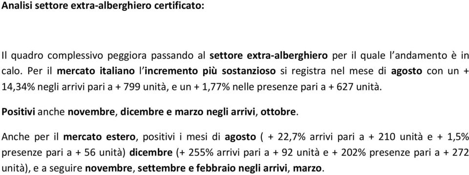 + 627 unità. Positivi anche novembre, dicembre e marzo negli arrivi, ottobre.