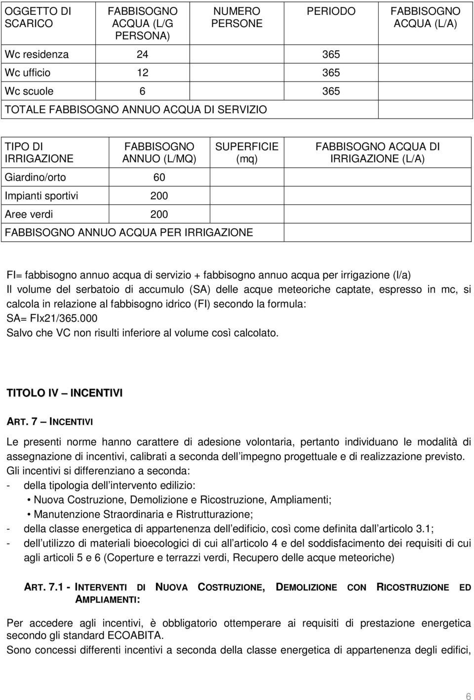 annuo acqua di servizio + fabbisogno annuo acqua per irrigazione (l/a) Il volume del serbatoio di accumulo (SA) delle acque meteoriche captate, espresso in mc, si calcola in relazione al fabbisogno