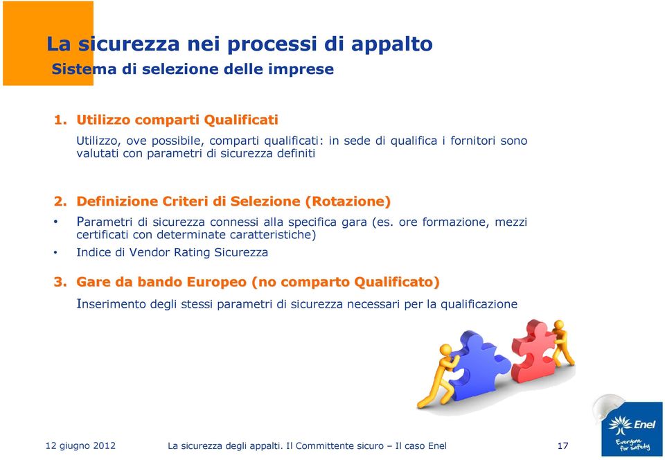 sicurezza definiti 2. Definizione Criteri di Selezione (Rotazione) Parametri di sicurezza connessi alla specifica gara (es.