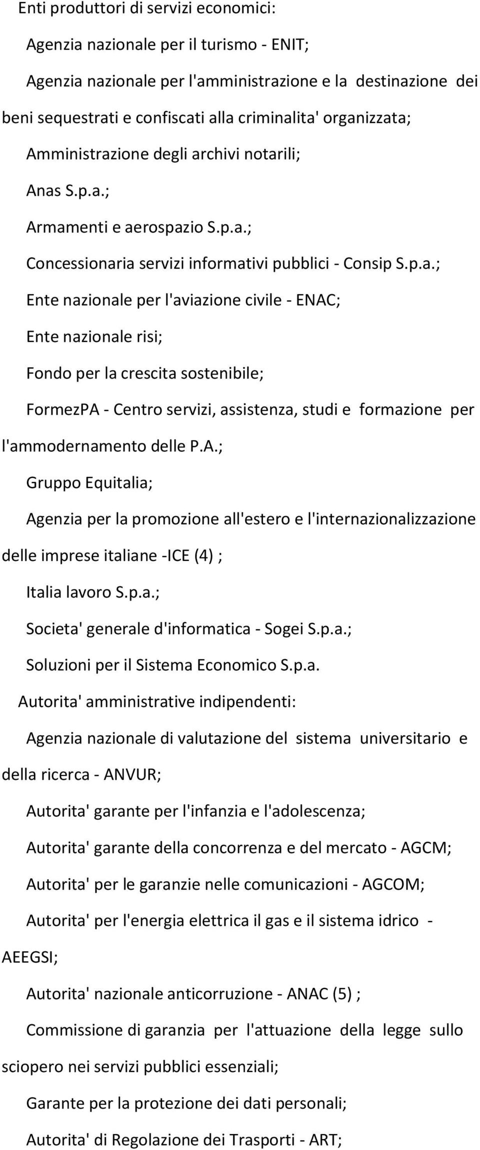 A.; Gruppo Equitalia; Agenzia per la promozione all'estero e l'internazionalizzazione delle imprese italiane -ICE (4) ; Italia lavoro S.p.a.; Societa' generale d'informatica - Sogei S.p.a.; Soluzioni per il Sistema Economico S.