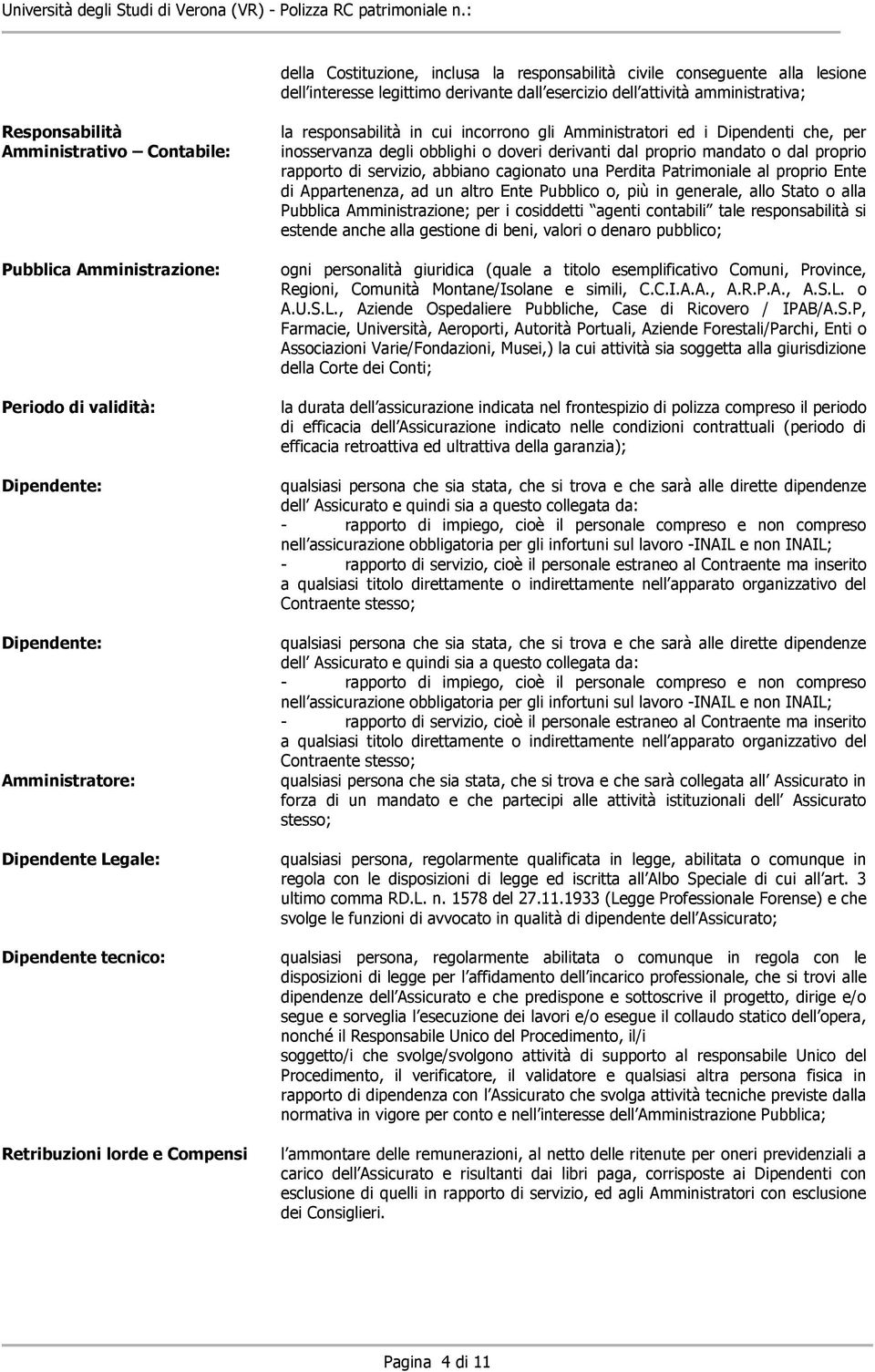 Amministratori ed i Dipendenti che, per inosservanza degli obblighi o doveri derivanti dal proprio mandato o dal proprio rapporto di servizio, abbiano cagionato una Perdita Patrimoniale al proprio