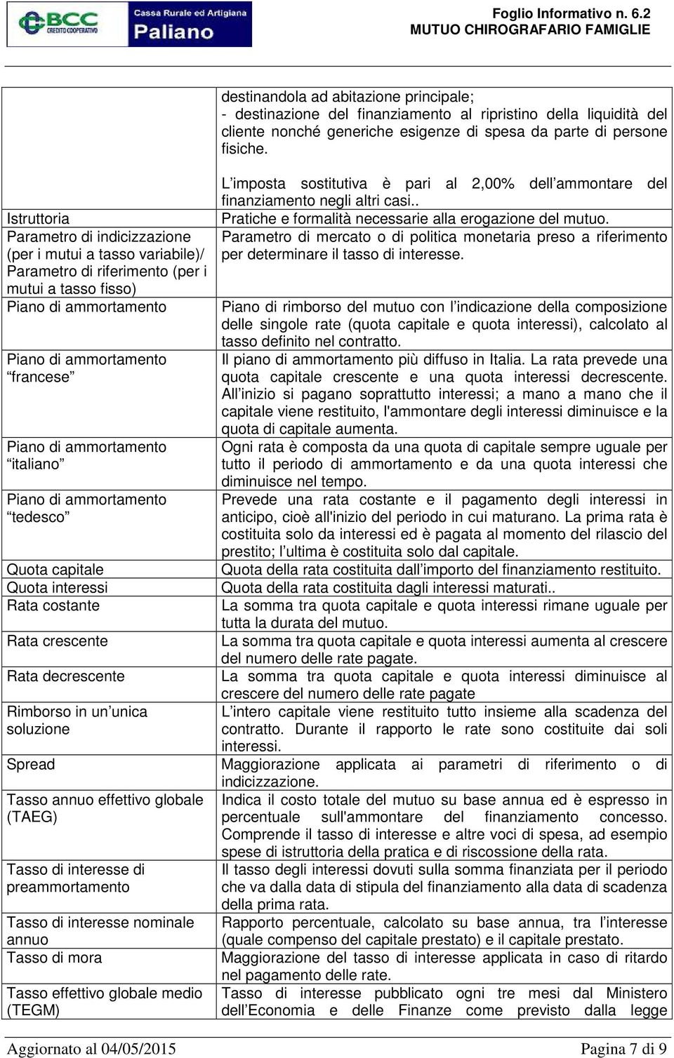 ammortamento italiano Piano di ammortamento tedesco Quota capitale Quota interessi Rata costante Rata crescente Rata decrescente Rimborso in un unica soluzione Spread Tasso annuo effettivo globale