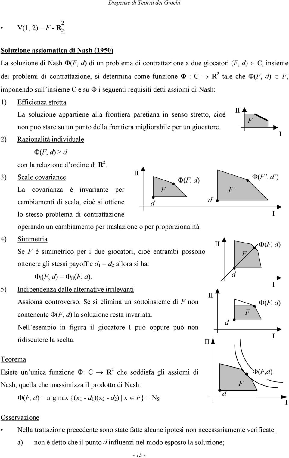 stretto, cioè non può stare su un punto della frontiera migliorabile per un giocatore. 2) Razionalità individuale Φ(F, d) d con la relazione d ordine di R 2.