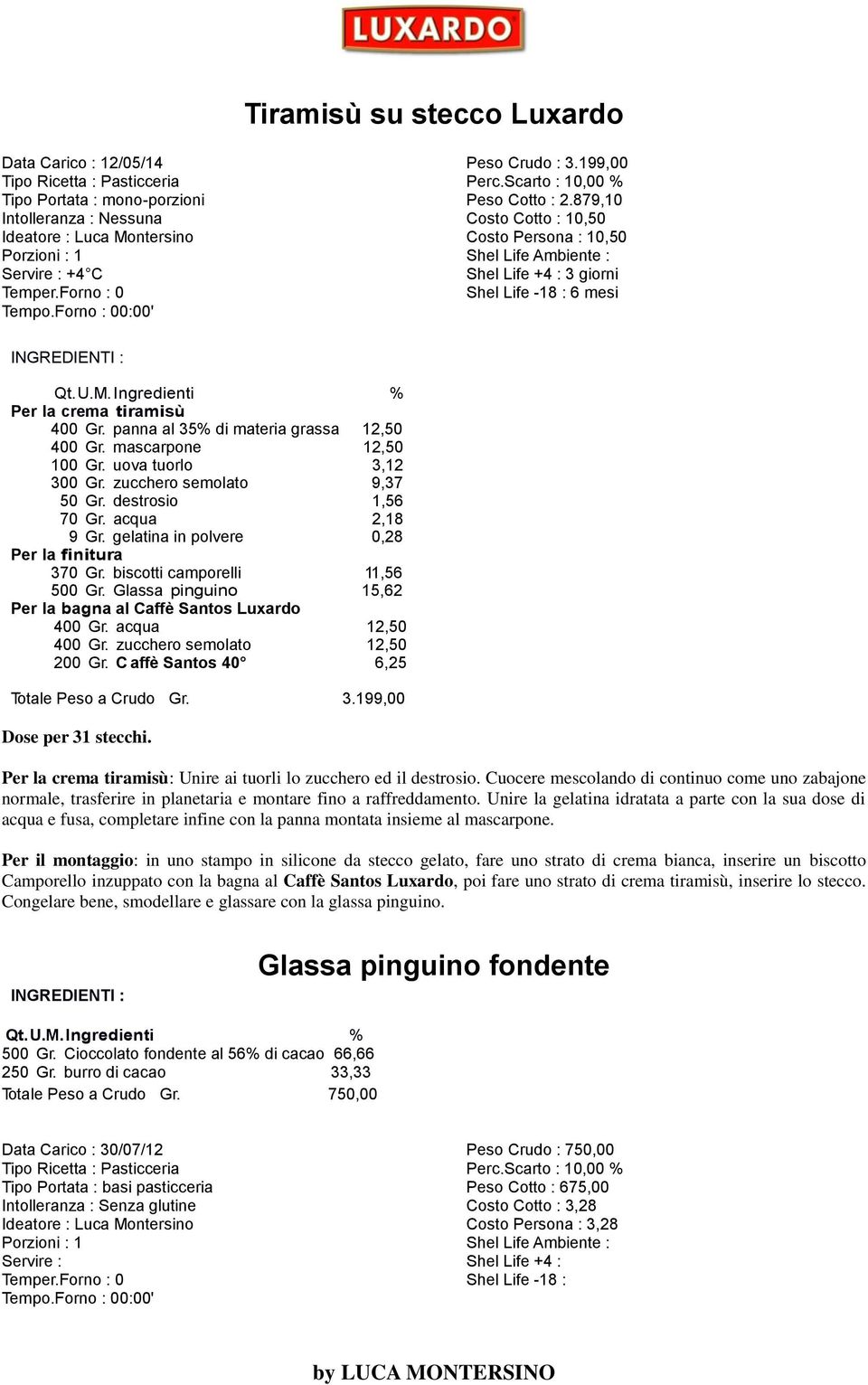 uova tuorlo 3,12 300 Gr. zucchero semolato 9,37 50 Gr. destrosio 1,56 70 Gr. acqua 2,18 9 Gr. gelatina in polvere 0,28 370 Gr. biscotti camporelli 11,56 500 Gr.