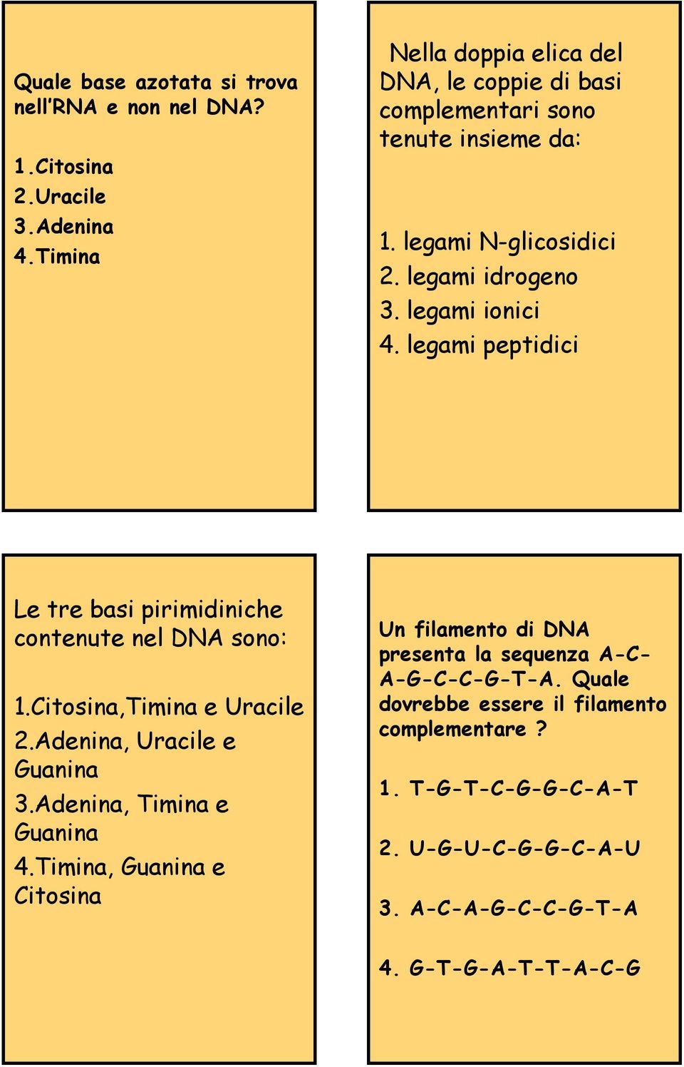 legami peptidici Le tre basi pirimidiniche contenute nel DNA sono: 1.Citosina,Timina e Uracile 2.Adenina, Uracile e Guanina 3.Adenina, Timina e Guanina 4.