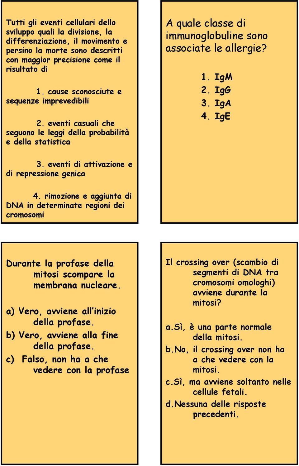 IgA 4. IgE 3. eventi di attivazione e di repressione genica 4. rimozione e aggiunta di DNA in determinate regioni dei cromosomi Durante la profase della mitosi scompare la membrana nucleare.