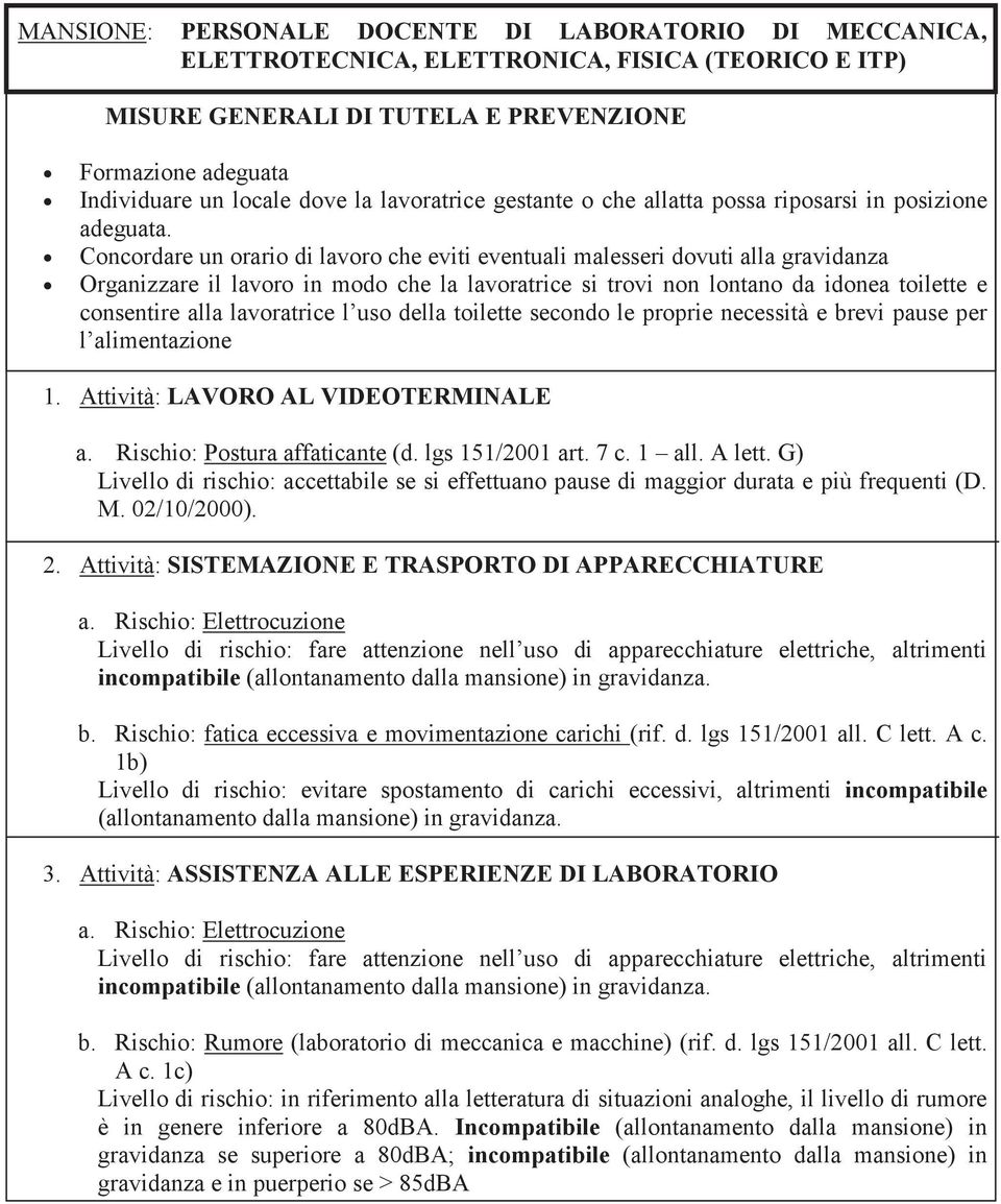 1b) Livello di rischio: evitare spostamento di carichi eccessivi, altrimenti incompatibile (allontanamento dalla mansione) in gravidanza. 3. Attività: ASSISTENZA ALLE ESPERIENZE DI LABORATORIO b.