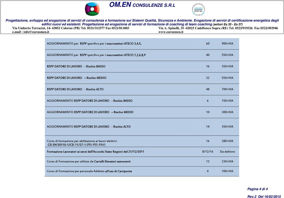 LAVORO Rischio MEDIO 10 300+IVA AGGIORNAMENTO RSPP DATORE DI LAVORO - Rischio ALTO 14 350+IVA Corso di formazione per abilitazione ai lavori elettrici CEI EN 50110-1/CEI 11/27-1 (PEI-PES-PAV) 16