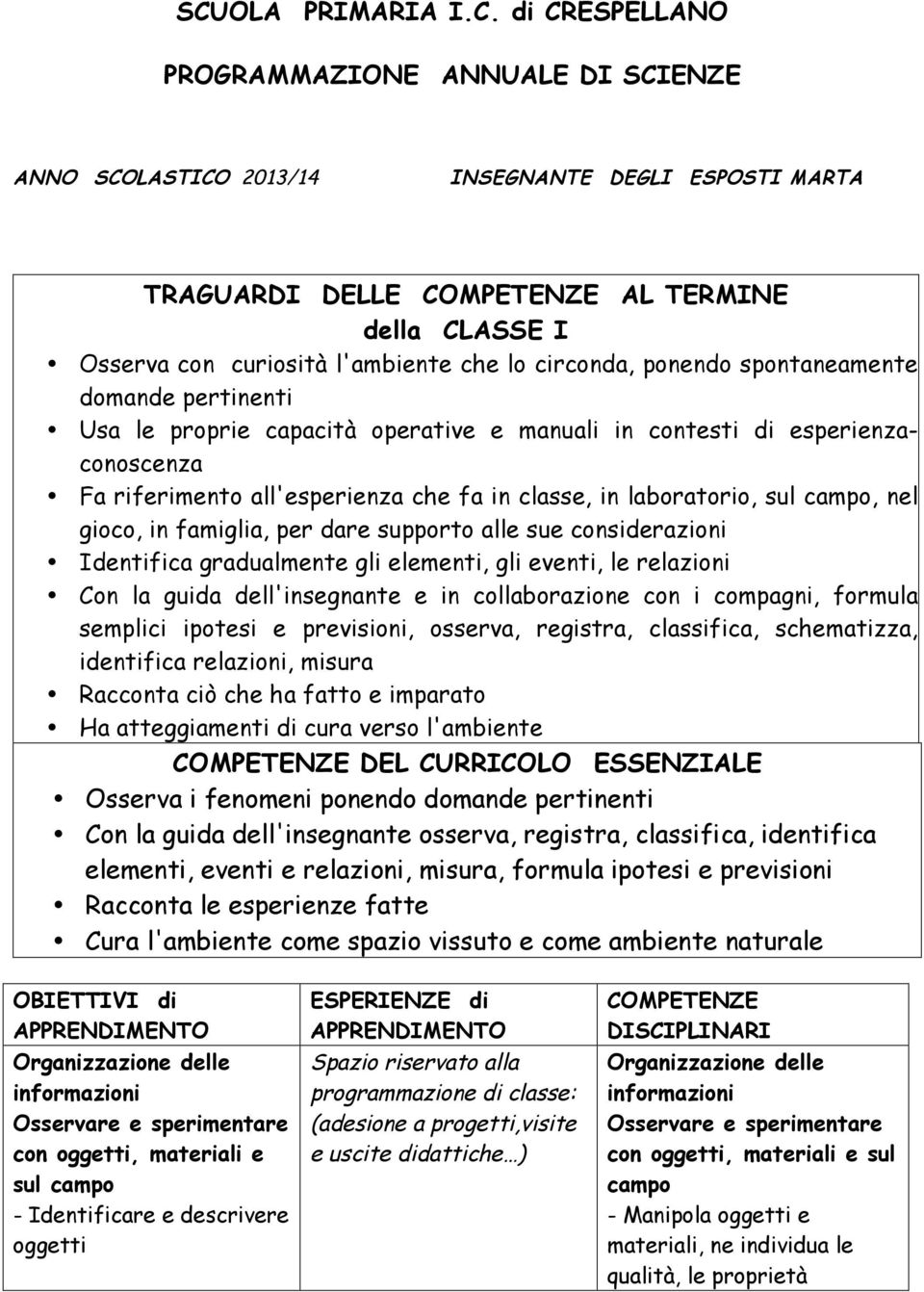 in laboratorio, sul campo, nel gioco, in famiglia, per dare supporto alle sue considerazioni Identifica gradualmente gli elementi, gli eventi, le relazioni Con la guida dell'insegnante e in