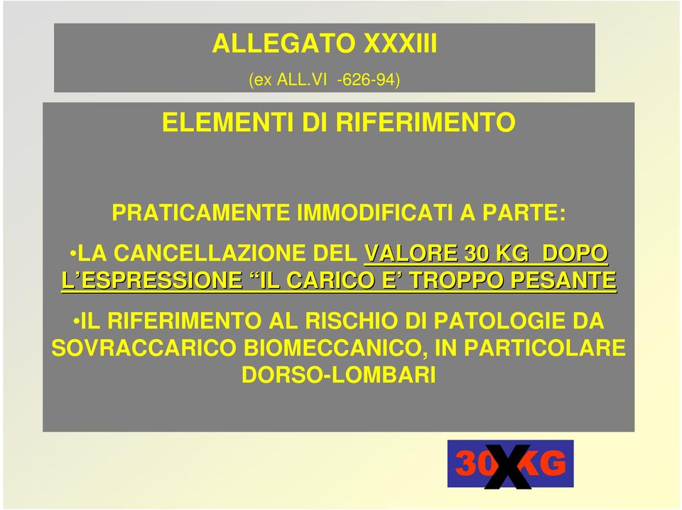 LA CANCELLAZIONE DEL VALORE 30 KG DOPO L ESPRESSIONE IL CARICO E E