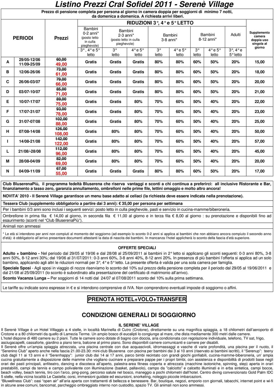 RIDUZIONI, LETTO Prezzi 60,00 49,00 73,00 61,00 79,00 66,00 85,00 71,00 89,00 75,00 93,00 78,00 102,00 88,00 126,00 108,00 142,00 122,00 112,00 96,00 82,00 69,00 67,00 55,00 0-2 anni* (posto in