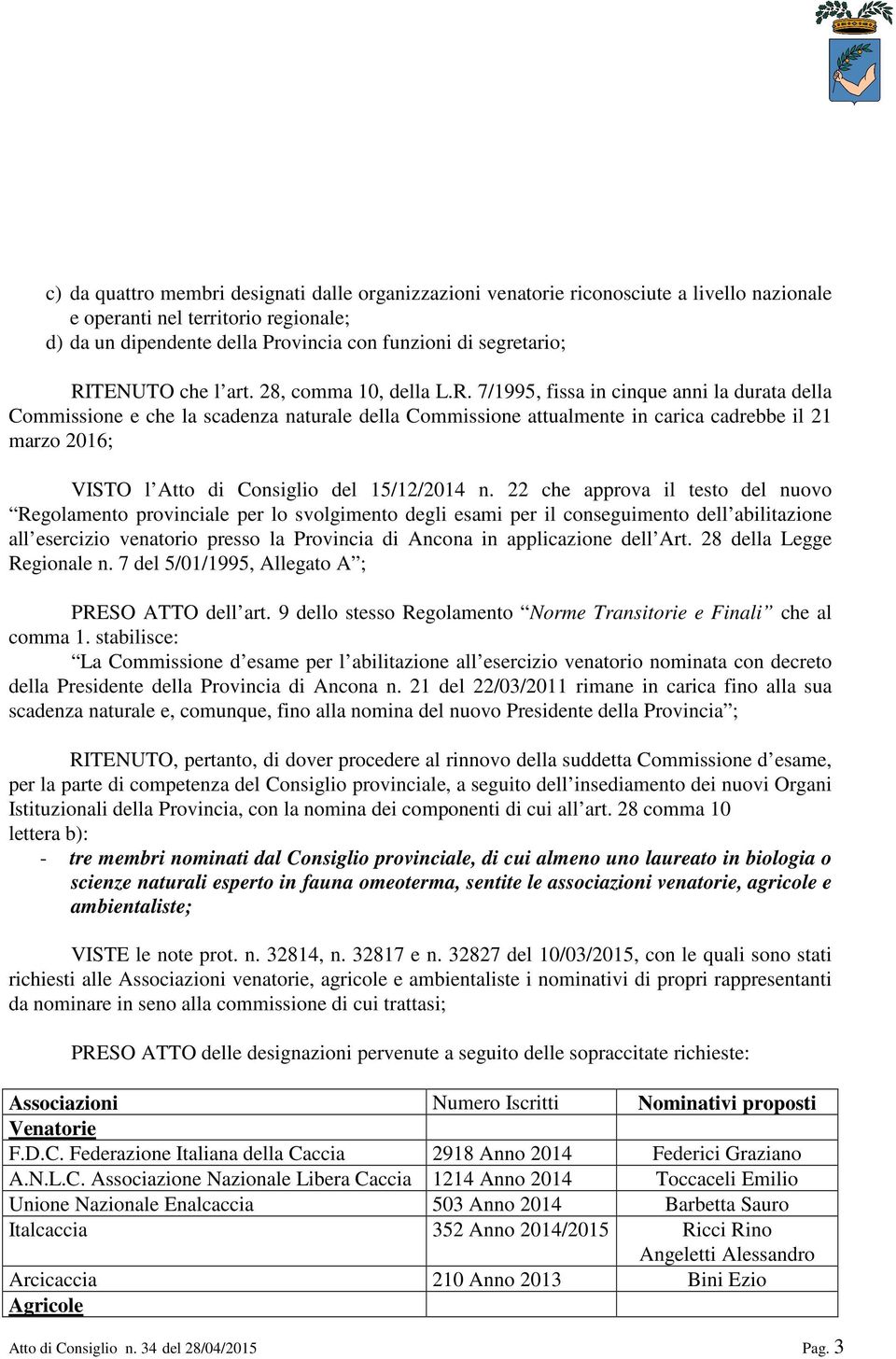 22 che approva il testo del nuovo Regolamento provinciale per lo svolgimento degli esami per il conseguimento dell abilitazione all esercizio venatorio presso la rovincia di Ancona in applicazione