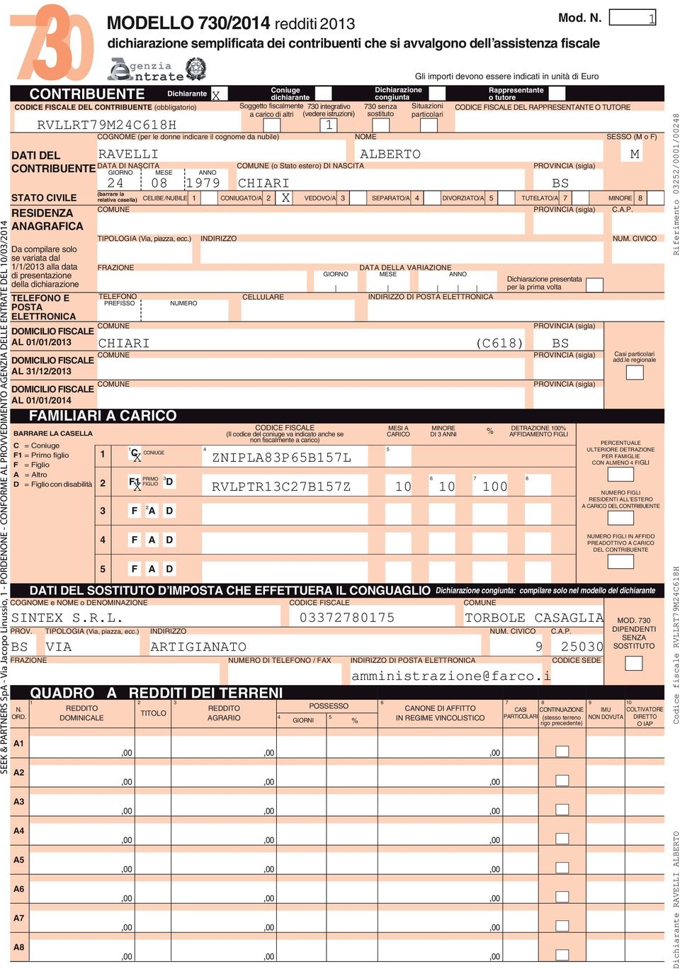 F = Figlio A = Altro D = Figlio con disabilità FISCALE (Il codice del coniuge va indicato anche se non fiscalmente a carico) MESI A MINORE CARICO DI ANNI % PRIMO D X FIGLIO RVLPTRCBZ 0 0 00 F COGNOME