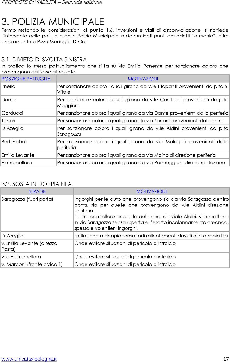 DIVIETO DI SVOLTA SINISTRA in pratica lo stesso pattugliamento che si fa su via Emilia Ponente per sanzionare coloro che provengono dall asse attrezzato POSIZIONE PATTUGLIA Irnerio Per sanzionare