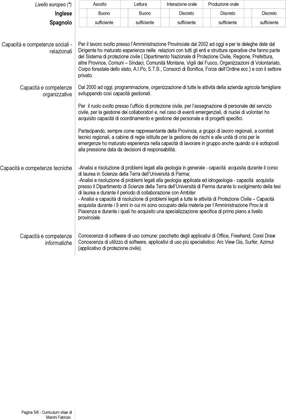 esperienza nelle relazioni con tutti gli enti e strutture operative che fanno parte del Sistema di protezione civile ( Dipartimento Nazionale di Protezione Civile, Regione, Prefettura, altre