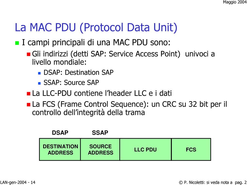 header LLC e i dati La FCS (Frame Control Sequence): un CRC su 32 bit per il controllo dell integrità della