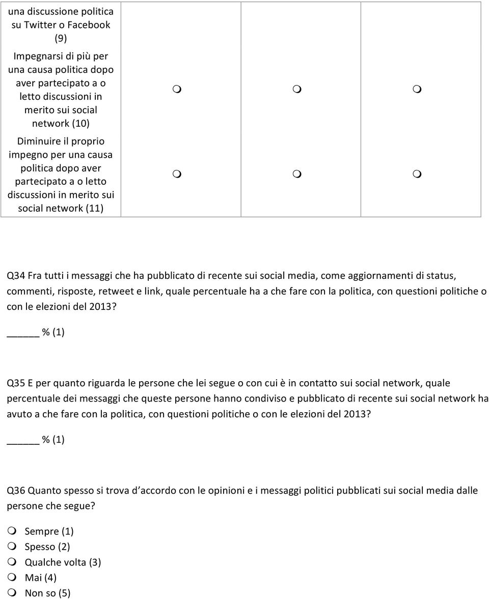 status, commenti, risposte, retweet e link, quale percentuale ha a che fare con la politica, con questioni politiche o con le elezioni del 2013?