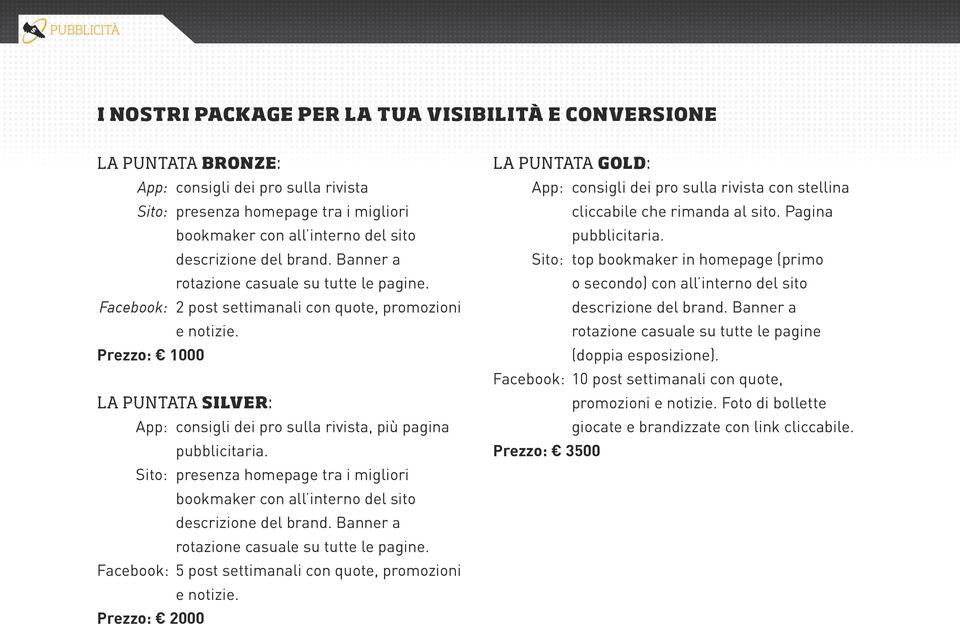 Prezzo: 1000 LA PUNTATA SILVER: App: consigli dei pro sulla rivista, più pagina pubblicitaria. Sito: presenza homepage tra i migliori bookmaker con all interno del sito descrizione del brand.