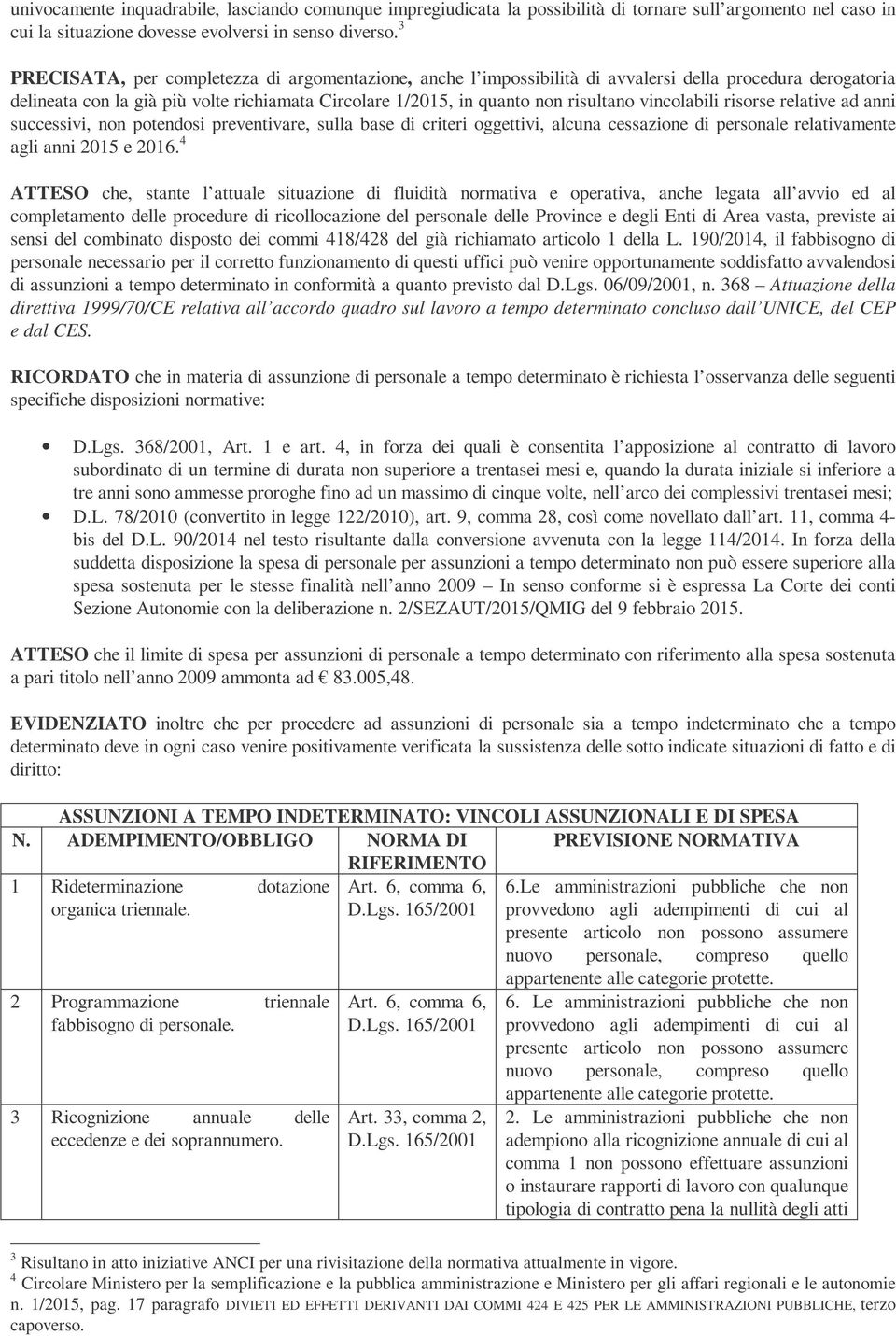 vincolabili risorse relative ad anni successivi, non potendosi preventivare, sulla base di criteri oggettivi, alcuna cessazione di personale relativamente agli anni 2015 e 2016.