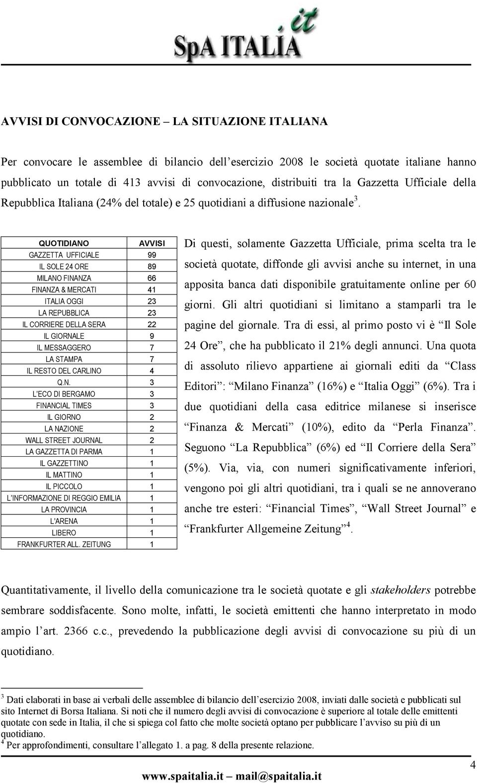 QUOTIDIANO AVVISI GAZZETTA UFFICIALE 99 IL SOLE 24 ORE 89 MILANO FINANZA 66 FINANZA & MERCATI 41 ITALIA OGGI 23 LA REPUBBLICA 23 IL CORRIERE DELLA SERA 22 IL GIORNALE 9 IL MESSAGGERO 7 LA STAMPA 7 IL