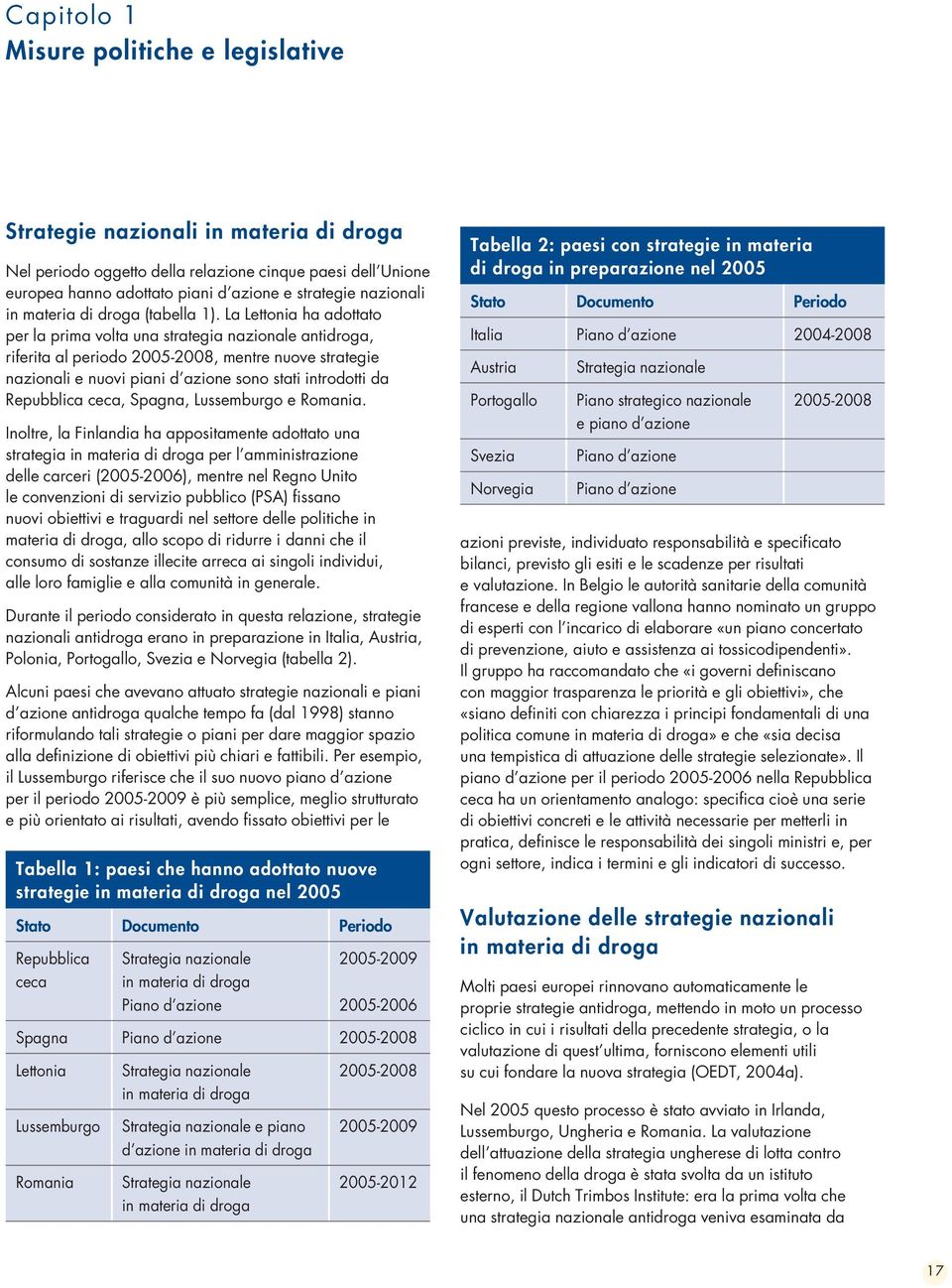 La Lettonia ha adottato per la prima volta una strategia nazionale antidroga, riferita al periodo 2005-2008, mentre nuove strategie nazionali e nuovi piani d azione sono stati introdotti da