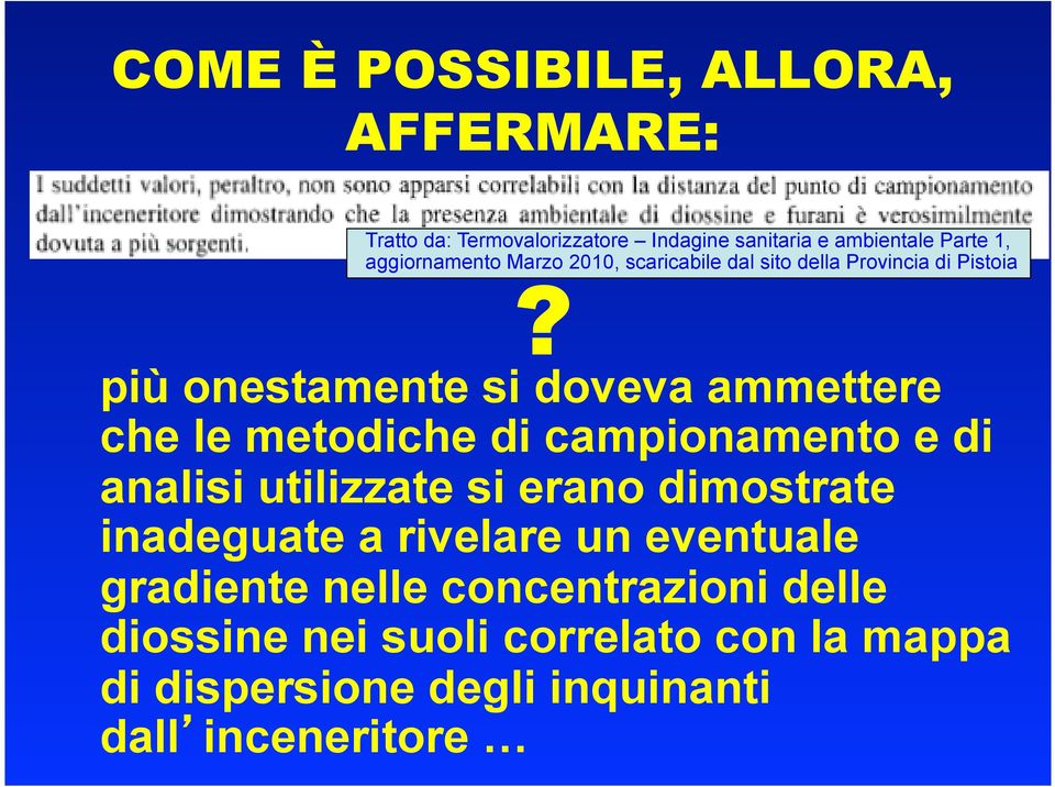 più onestamente si doveva ammettere che le metodiche di campionamento e di analisi utilizzate si erano dimostrate