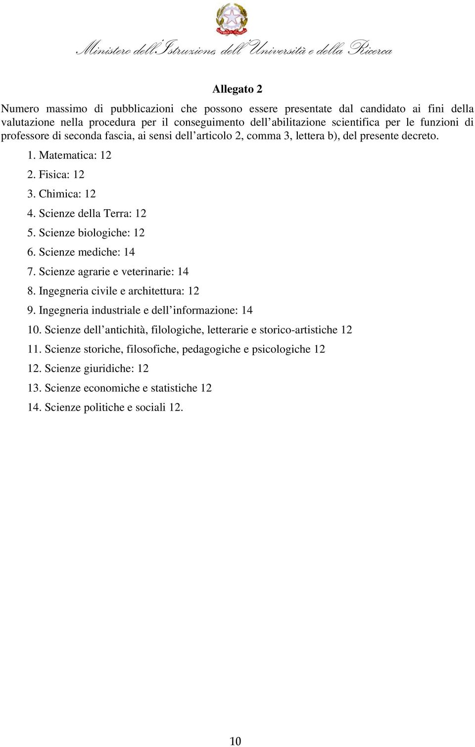 Scienze biologiche: 12 6. Scienze mediche: 14 7. Scienze agrarie e veterinarie: 14 8. Ingegneria civile e architettura: 12 9. Ingegneria industriale e dell informazione: 14 10.