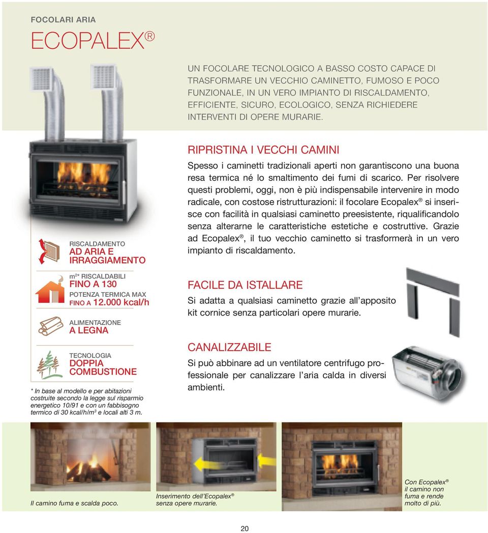 000 kcal/h ALIMENTAZIONE A LEGNA TECNOLOGIA DOPPIA COMBUSTIONE * In base al modello e per abitazioni costruite secondo la legge sul risparmio energetico 10/91 e con un fabbisogno termico di 30