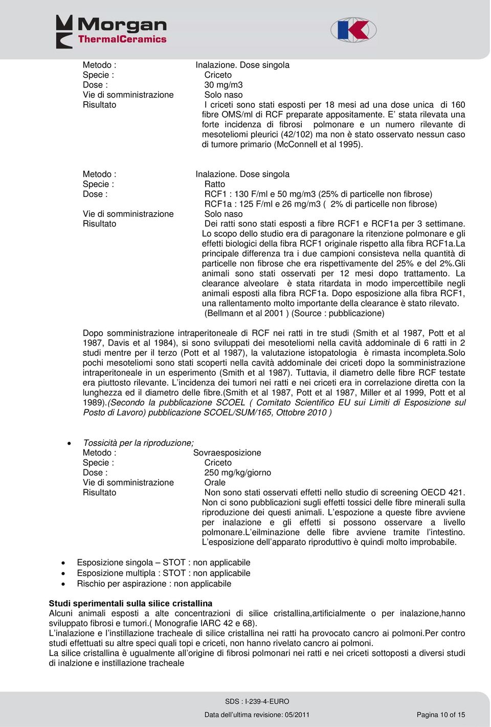 E stata rilevata una forte incidenza di fibrosi polmonare e un numero rilevante di mesoteliomi pleurici (42/102) ma non è stato osservato nessun caso di tumore primario (McConnell et al 1995).