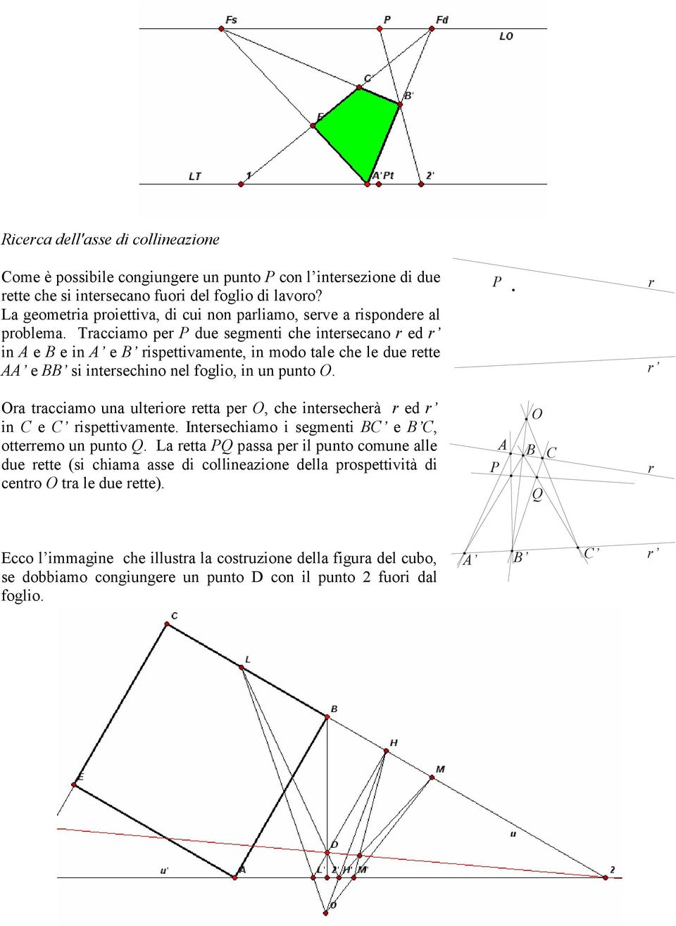 Tracciamo per P due segmenti che intersecano r ed r in A e B e ina e B rispettivamente, in modo tale che le due rette AA e BB si intersechino nel foglio, in un punto O.