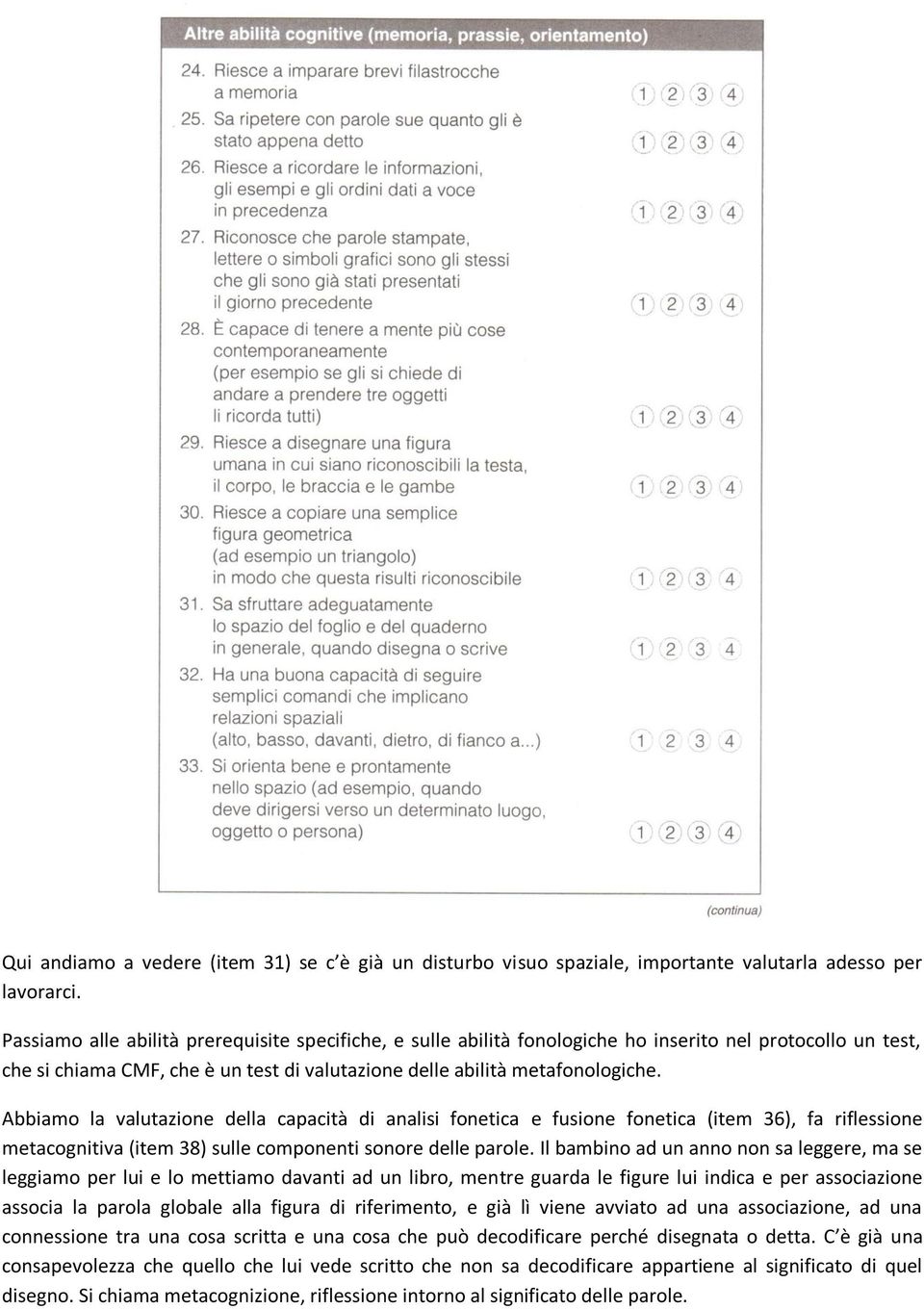 Abbiamo la valutazione della capacità di analisi fonetica e fusione fonetica (item 36), fa riflessione metacognitiva (item 38) sulle componenti sonore delle parole.