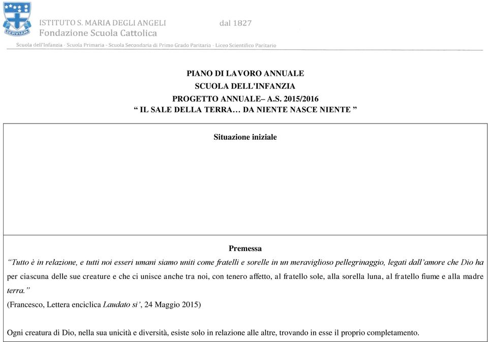 2015/2016 IL SALE DELLA TERRA DA NIENTE NASCE NIENTE Situazione iniziale Premessa Tutto è in relazione, e tutti noi esseri umani siamo uniti come fratelli e