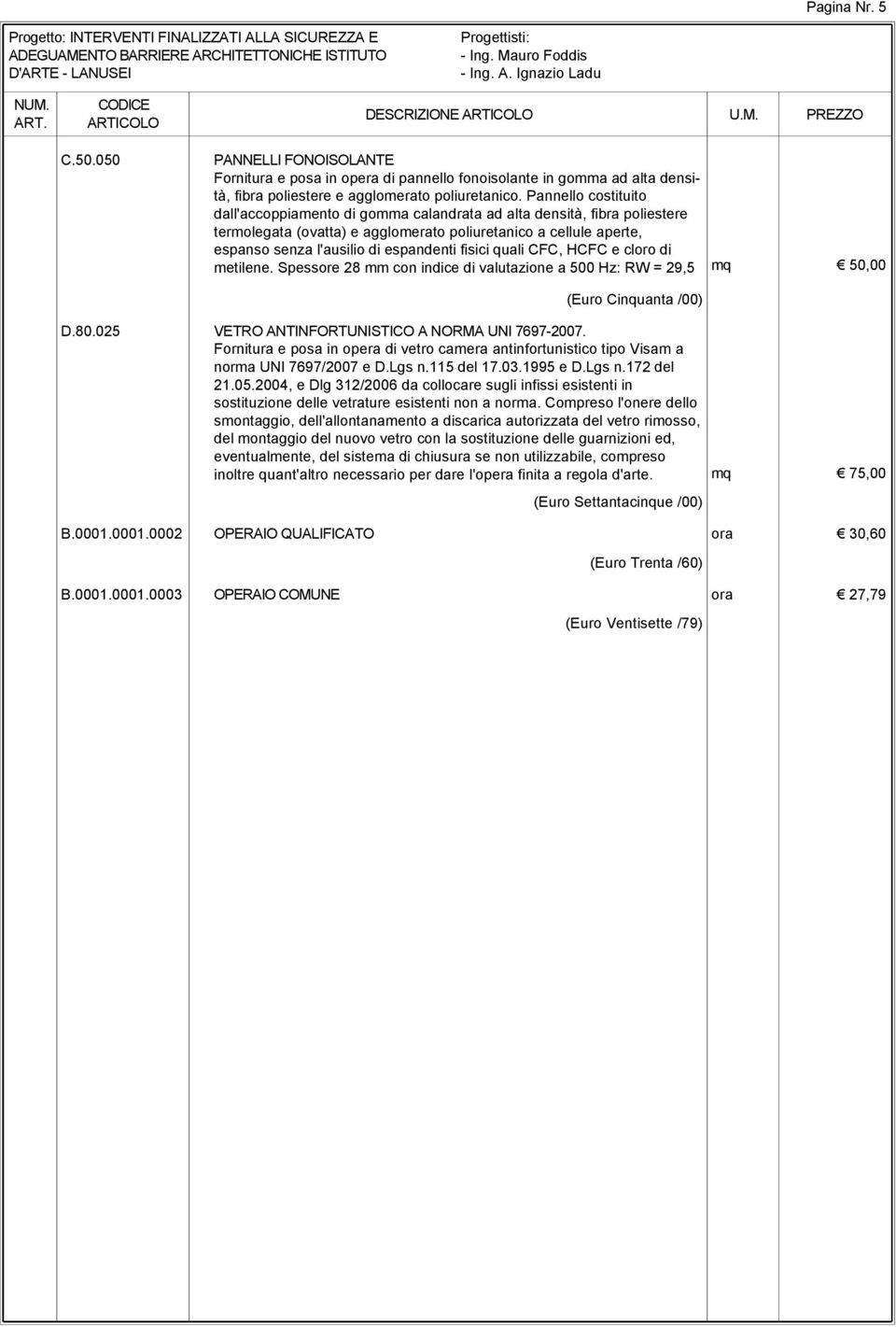 fisici quali CFC, HCFC e cloro di metilene. Spessore 28 mm con indice di valutazione a 500 Hz: RW = 29,5 (Euro Cinquanta /00) VETRO ANTINFORTUNISTICO A NORMA UNI 7697-2007.