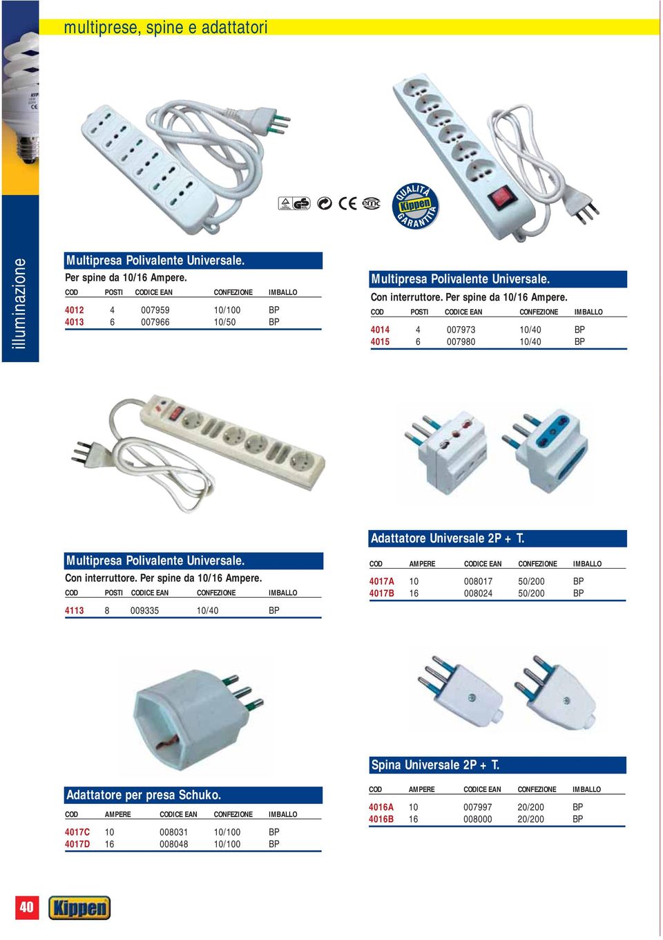 COD POSTI CODICE EAN CONFEZIONE IMBALLO 4014 4 007973 10/40 BP 4015 6 007980 10/40 BP Multipresa Polivalente Universale. Con interruttore. Per spine da 10/16 Ampere.