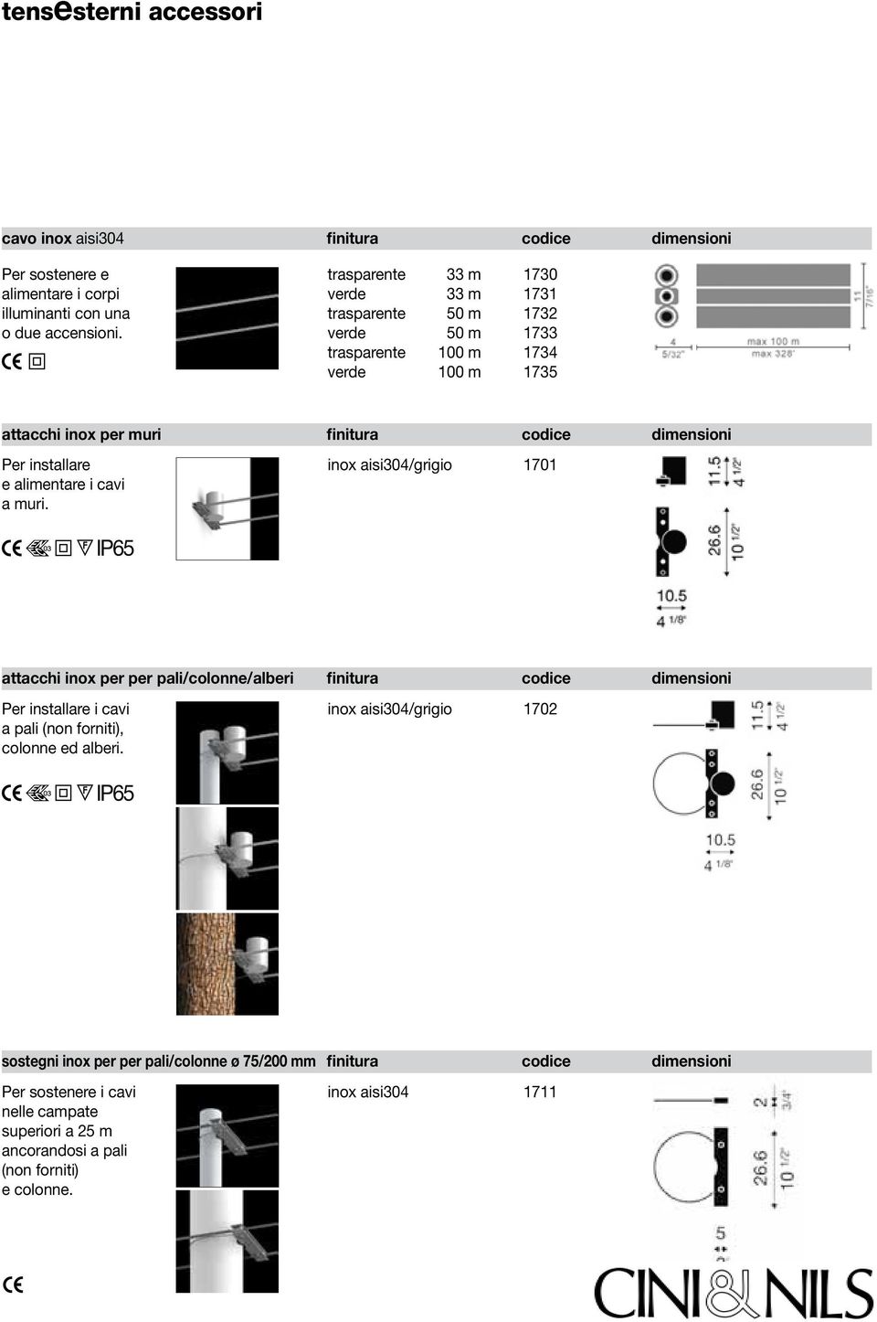 muri. inox aisi304/grigio 1701 IP65 attacchi inox per per pali/colonne/alberi finitura codice dimensioni Per installare i cavi a pali (non forniti), colonne ed alberi.