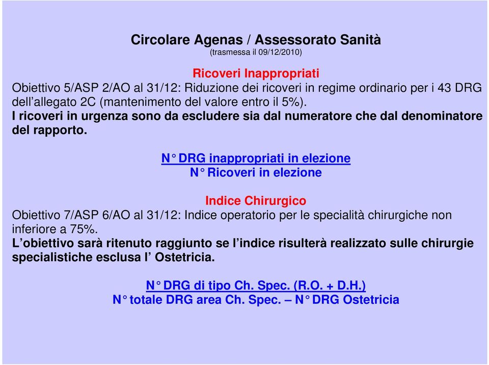 N DRG inappropriati in elezione N Ricoveri in elezione Indice hirurgico Obiettivo 7/ASP 6/AO al 31/12: Indice operatorio per le specialità chirurgiche non inferiore a 75%.