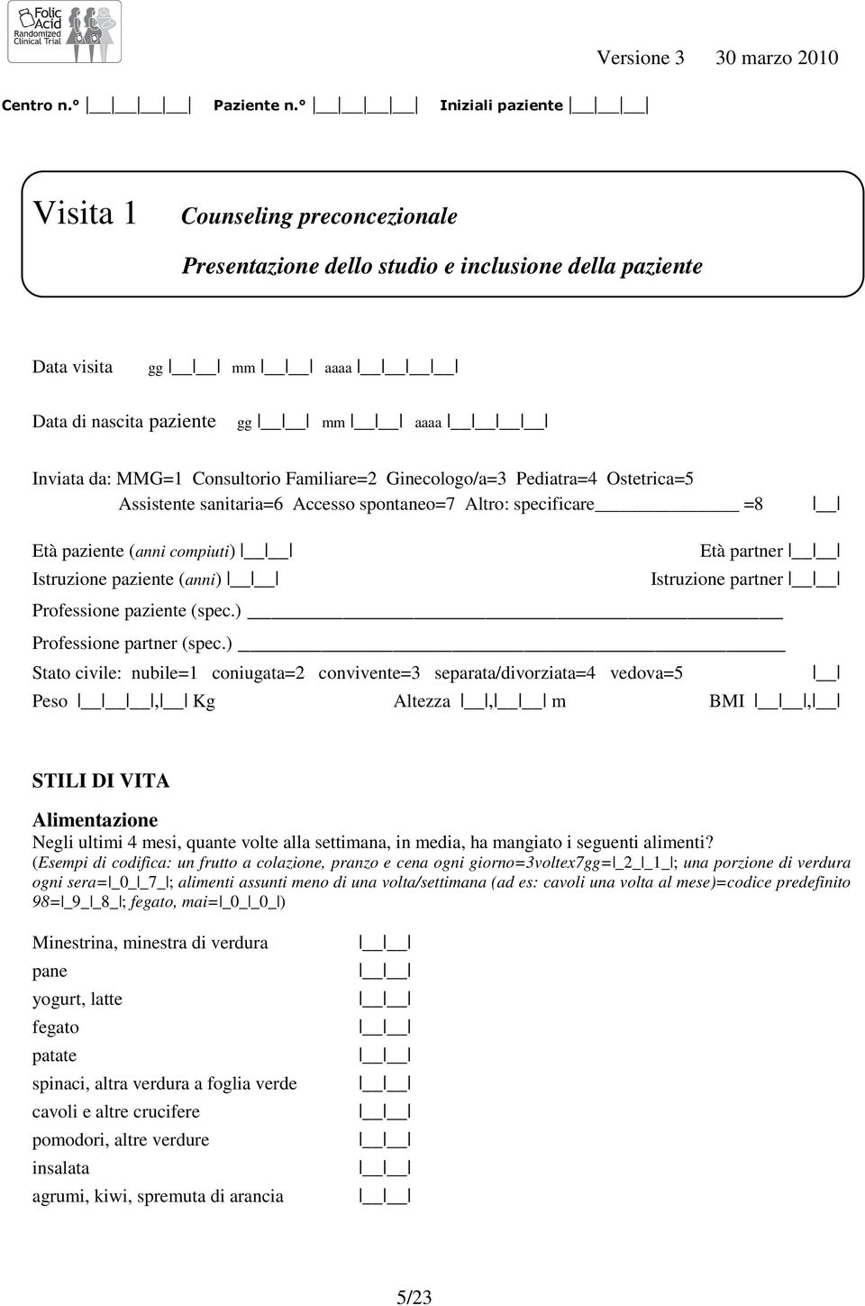 Familiare=2 Ginecologo/a=3 Pediatra=4 Ostetrica=5 Assistente sanitaria=6 Accesso spontaneo=7 Altro: specificare =8 Età paziente (anni compiuti) Istruzione paziente (anni) Età partner Istruzione