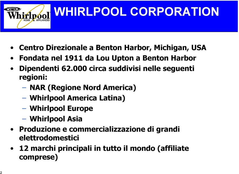 000 circa suddivisi nelle seguenti regioni: NAR (Regione Nord America) Whirlpool America