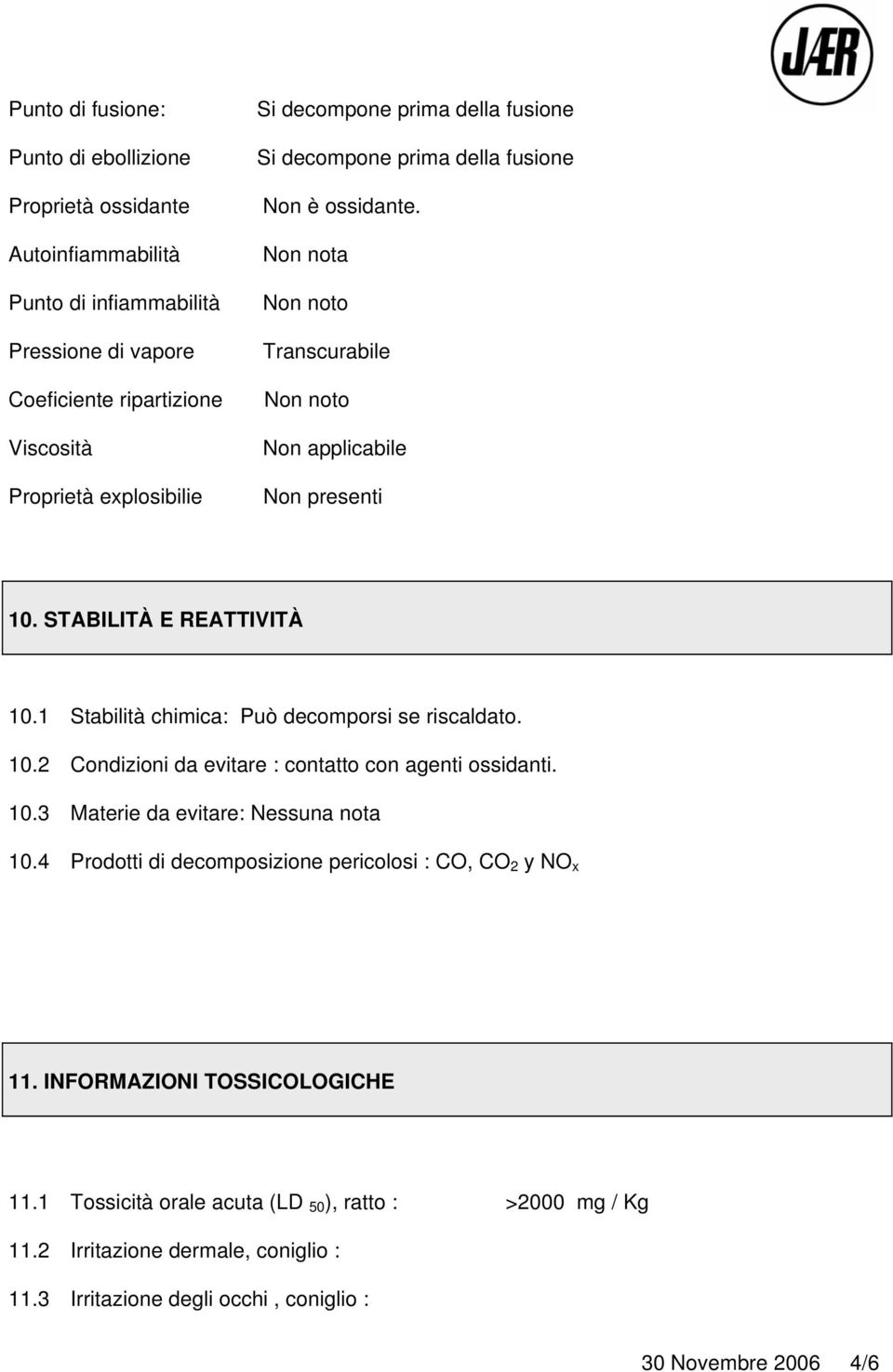 1 Stabilità chimica: Può decomporsi se riscaldato. 10.2 Condizioni da evitare : contatto con agenti ossidanti. 10.3 Materie da evitare: Nessuna nota 10.