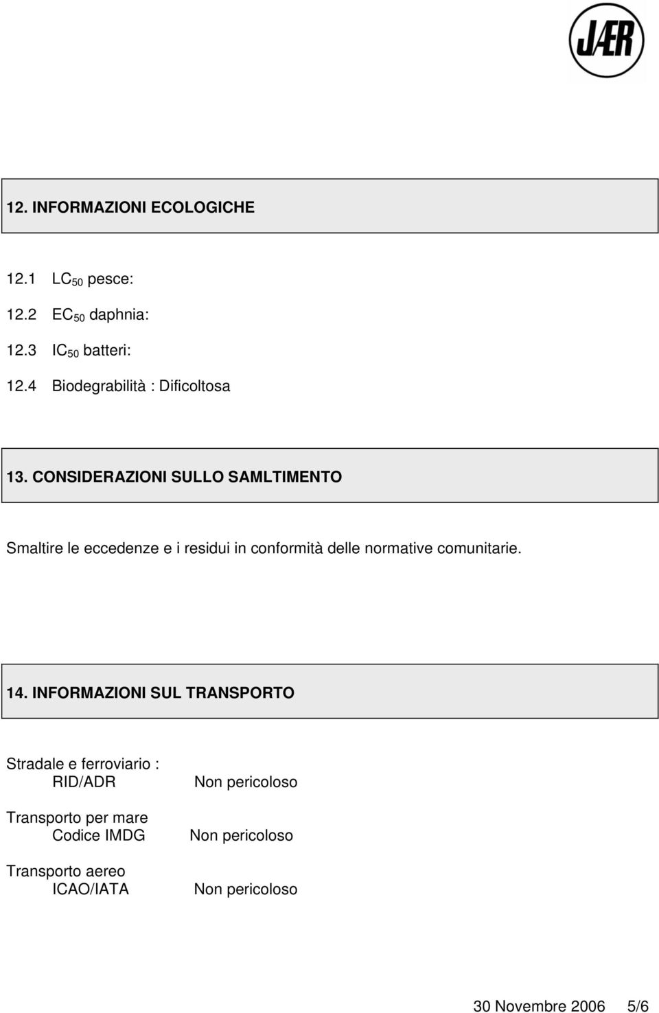 CONSIDERAZIONI SULLO SAMLTIMENTO Smaltire le eccedenze e i residui in conformità delle normative