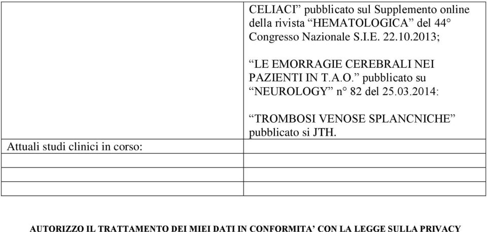 03.2014: Attuali studi clinici in corso: TROMBOSI VENOSE SPLANCNICHE pubblicato si JTH.