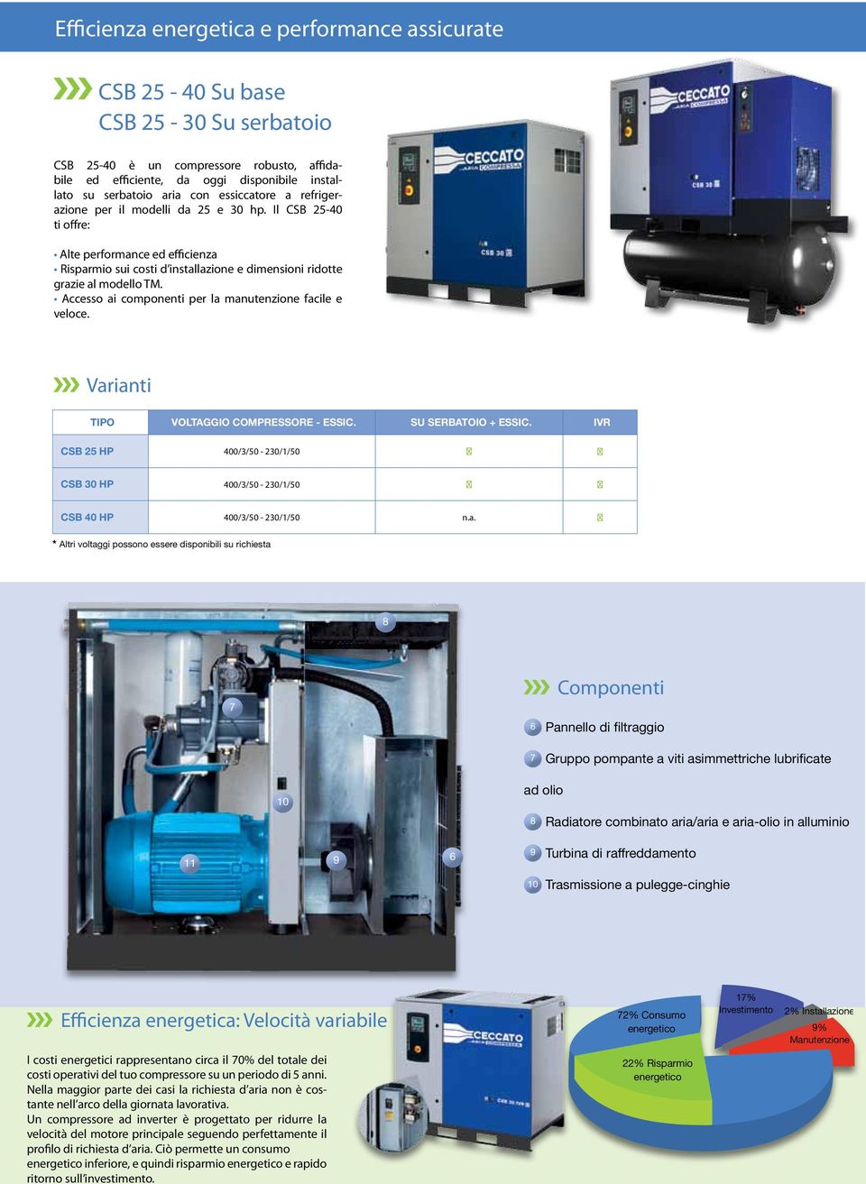 Accesso ai componenti per la manutenzione facile e veloce. Varianti TIPO VoltagGIO compressore - ESSIC. SU SERBATOIO + ESSIC.